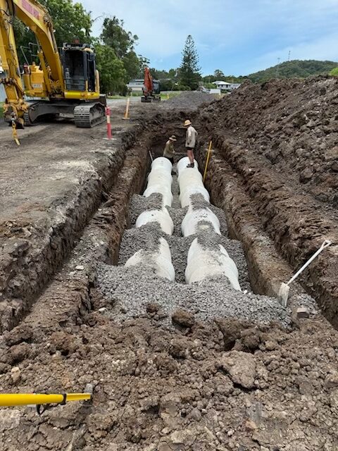 Stormwater pipes laid in trench during construction